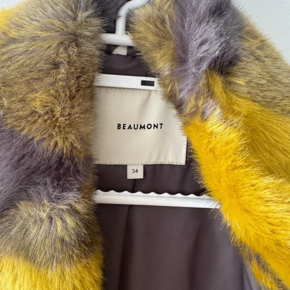 Yellow & purple/ Gray Plaid Faux-Fur Coat - Women's Statement Outerwear - Picture 4 of 6